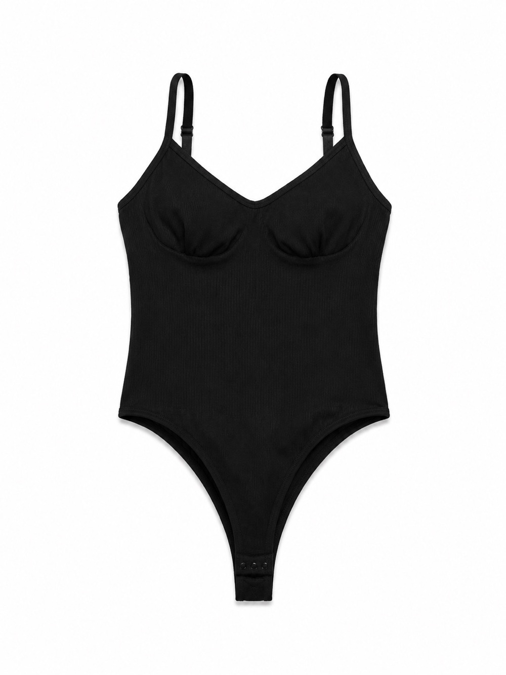 SHEIN Black Ribbed V-Neck Bodysuit Thong